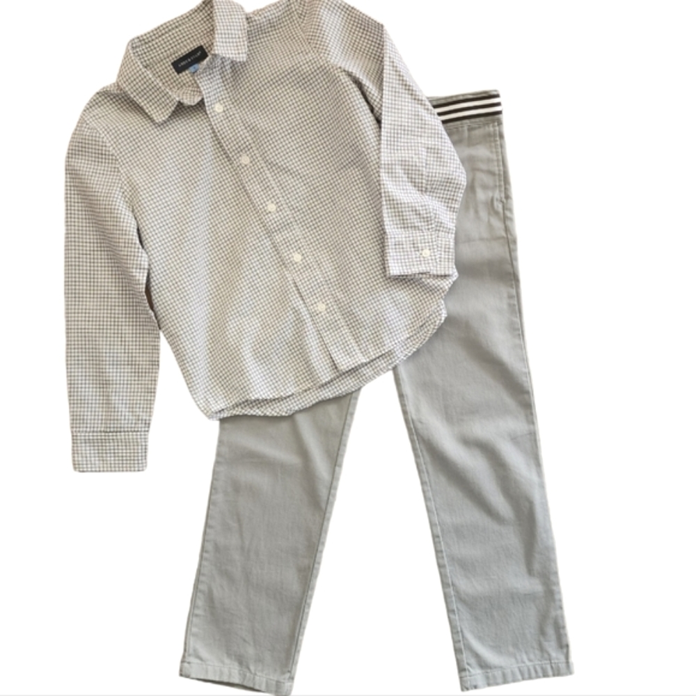 ANDY & EVAN CHINO PANTS/PLAID BUTTON UP SHIRT SET. BLACK/WHITE/GRAY. SIZ…
